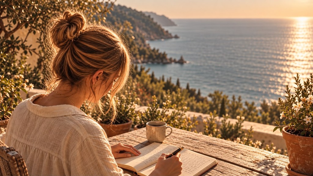 Mariela escribiendo en un journal frente al mar al atardecer, curso El Journal como puerta al inconsciente
