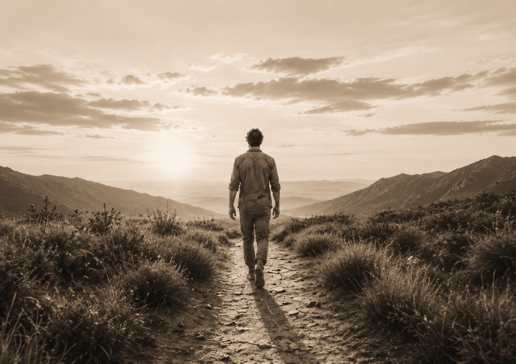 Hombre caminando por un sendero de montaña al atardecer, metáfora del camino de integración corporal