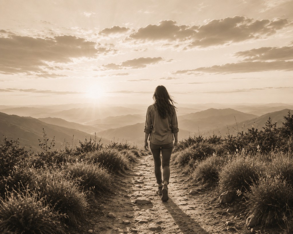 Mujer caminando por un sendero de montaña hacia la luz, en un proceso de presencia y autoconocimiento corporal