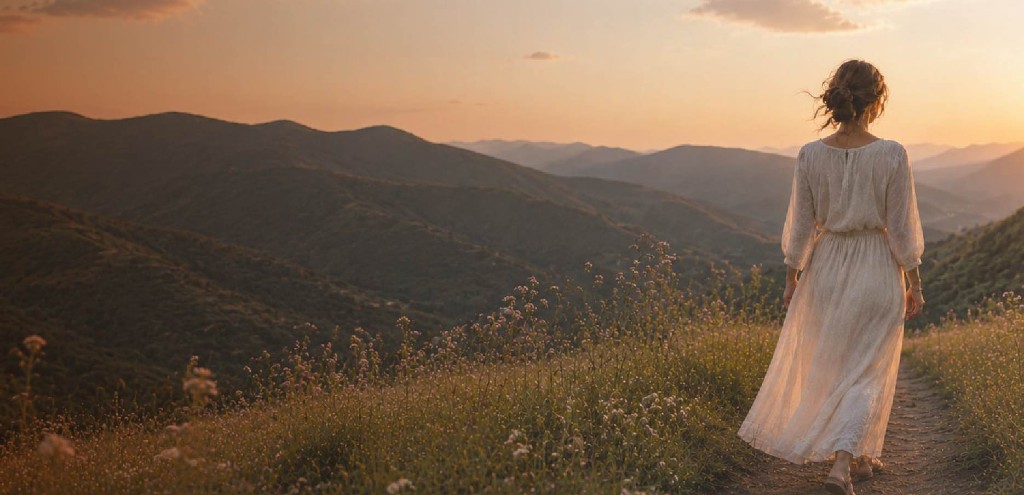 Mujer contemplando un paisaje de montañas al atardecer, curso online Los Secretos Familiares