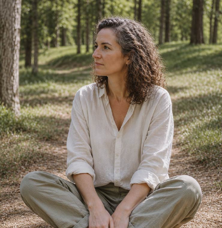 Mujer sentada en el bosque en actitud contemplativa, evocando el trabajo con la herencia familiar invisible
