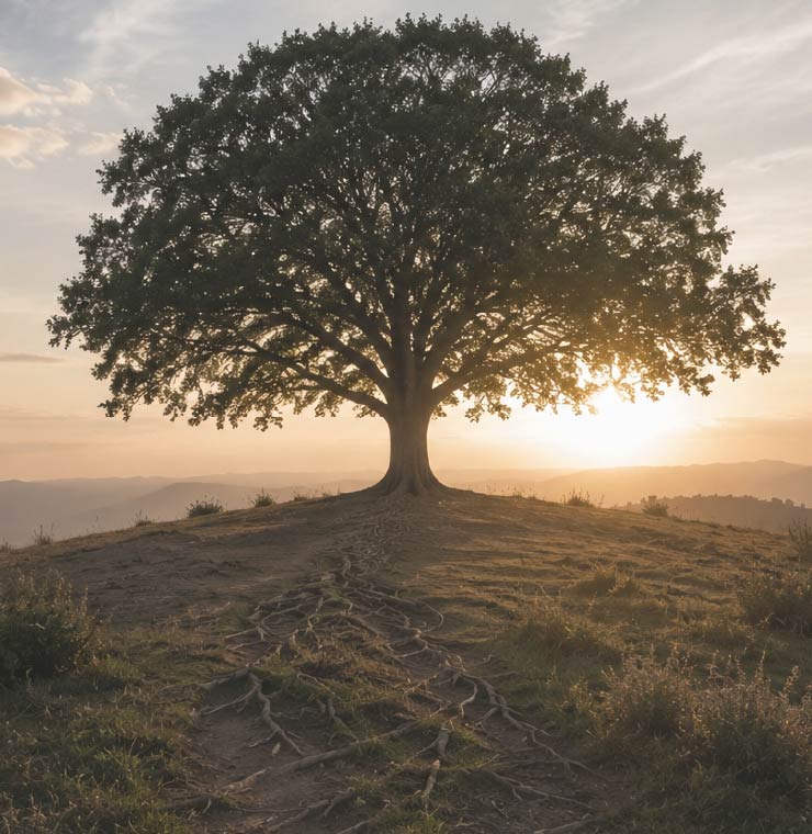 Árbol majestuoso al atardecer con raíces visibles, símbolo del árbol familiar y las raíces de la herencia invisible