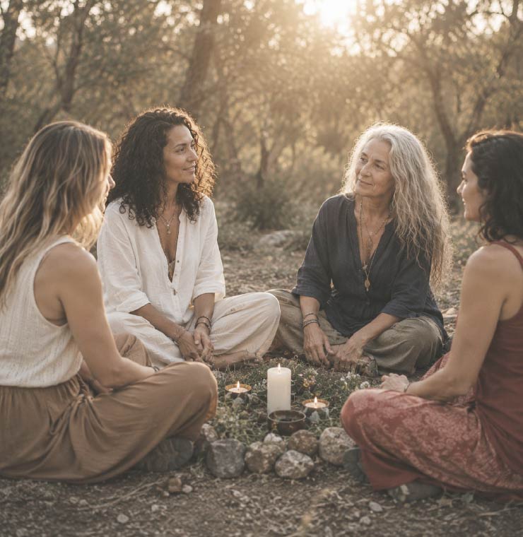 Cuatro mujeres en círculo en un bosque, en un encuentro de conexión y crecimiento interior