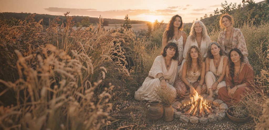 Grupo de mujeres reunidas alrededor de una hoguera al atardecer