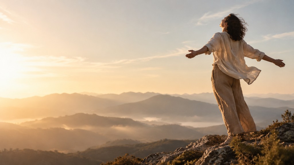 Mujer con los brazos abiertos sobre una roca, frente a montañas y niebla al amanecer