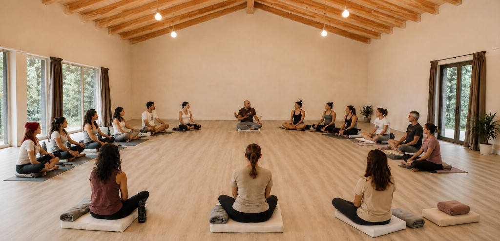 Grupo en círculo durante retiro presencial De lo personal a lo Transpersonal en Ciclo Lodge